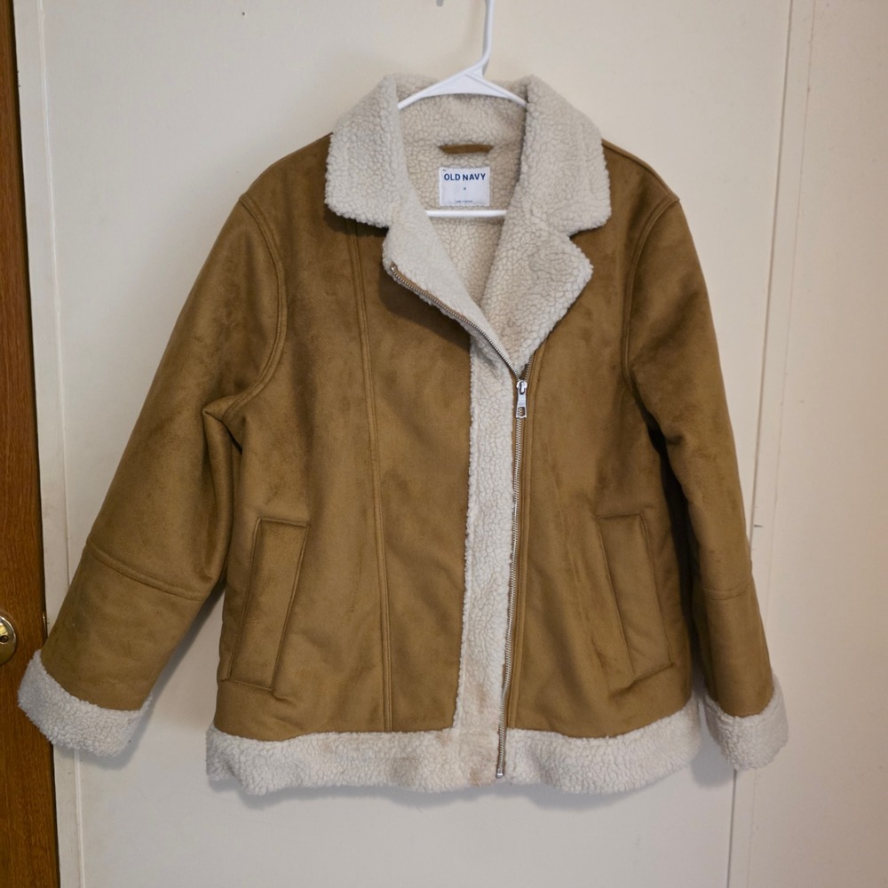 Old Navy Womens Faux Suede Sherpa Aviator Jacket Size Medium Tan Moto Zip